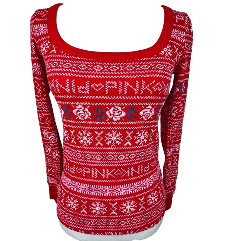 NWT PINK Victoria's Secret Red Winter Sweater Print Waffle Thermal Pajama Top